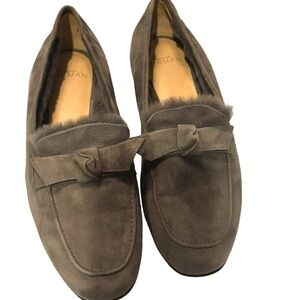 Alexandre Bramin Becky Palo Gray Suede Fur Trim Knot Bow Loafers 36.5/ 6 US